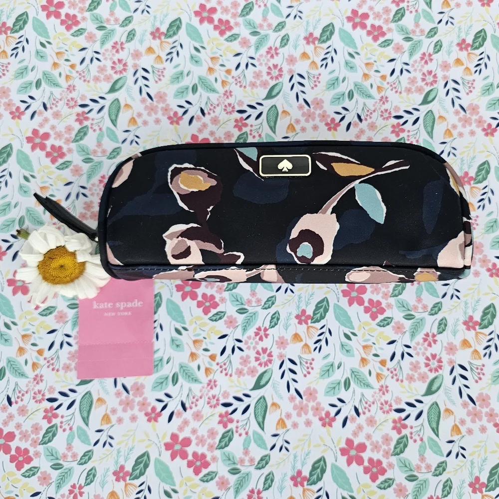 KATE SPADE Dawn Paper Rose Pencil Case- Black Multicolor NWT